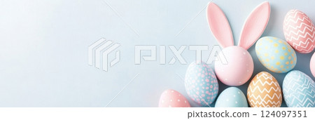 Flat lay features whimsical Easter decor with pastel eggs and bunny ears for festive fun 124097351