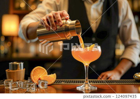 Bartender pouring orange cocktail with garnish in elegant bar at night. AI generated Bartender pouring orange cocktail with garnish in elegant bar at night. AI generated 124097435