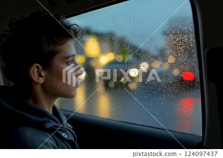 Young man looking out car window at rainy city lights in the evening. AI generated 124097437