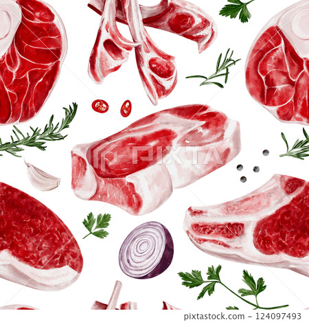 Seamless pattern with meat and spices. Beef and lamb with steaks and ribs. spices and onions with herbs. Pattern for kitchen and grocery store. Butcher shop and decor. Raw fresh meat.  124097493