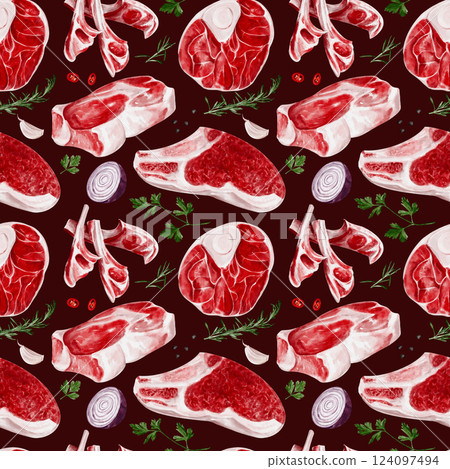 Seamless pattern with meat and spices. Beef and lamb with steaks and ribs. spices and onions with herbs. Pattern for kitchen and grocery store. Butcher shop and decor. Raw fresh meat.  124097494