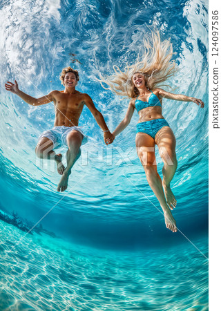 Young man and woman jumping into water. Shot on fish-eye camera. Vertical layout. Immersive POV 124097586