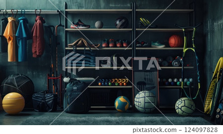 A well-organized home gym with equipment and gear neatly arranged on shelves and hooks. 124097828