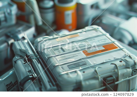 Close-up of a white, sealed metal case with orange labels and a latch. 124097829
