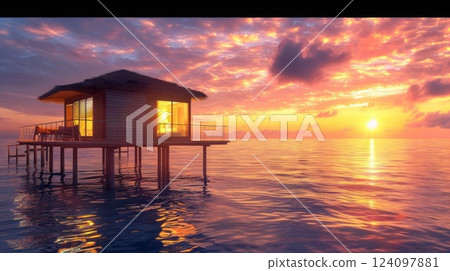 A wooden cabin on stilts over the water with a beautiful sunset in the background. A wooden cabin on stilts over the water with a beautiful sunset in the background. 124097881