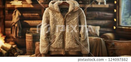 Beige sherpa zip-up hooded jacket with a brown leather zipper, pockets, and brown ribbing. Beige sherpa zip-up hooded jacket with a brown leather zipper, pockets, and brown ribbing. 124097882