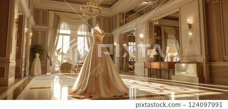 A luxurious wedding dress displayed in a grand hall with sunlight streaming through the windows. A luxurious wedding dress displayed in a grand hall with sunlight streaming through the windows. 124097991