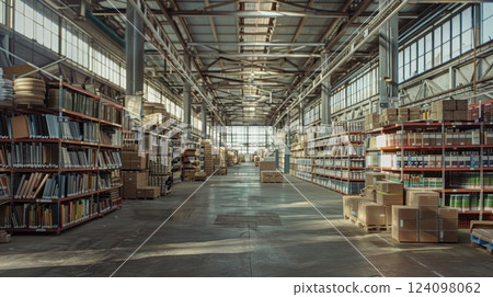 A wide shot of a warehouse interior with shelves of cardboard boxes. 124098062