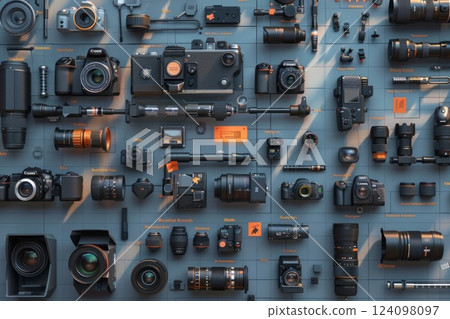 A flat lay of various photography and videography equipment. 124098097