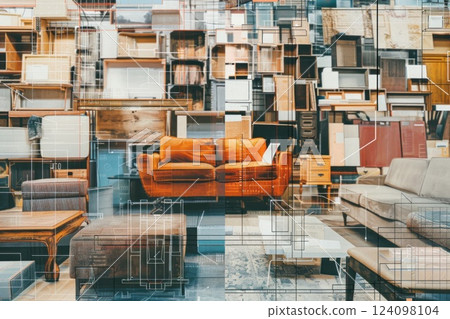 A vintage orange couch sits in front of a wall of stacked wooden crates and furniture. 124098104