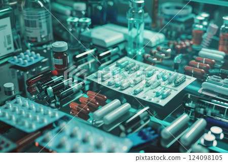 A close-up shot of various medications and pharmaceutical supplies, including pills, capsules, vials, and bottles. 124098105