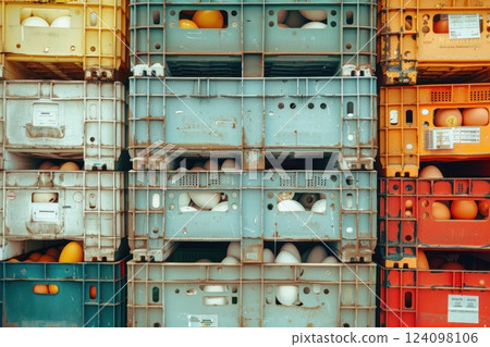 A stack of colorful crates filled with eggs. 124098106