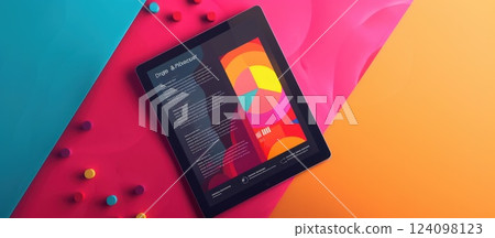 A tablet displaying a colorful chart with the words "Design & Process" on a bright pink and orange background. 124098123