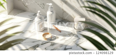 White bottles, a wooden stick, and a jar on a marble surface with a palm leaf in the background. 124098129