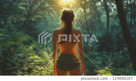 Misty Forest Glow with Adventurous Woman 124098167