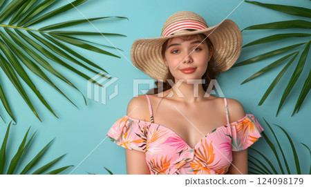 Tropical Summer Look with Straw Hat 124098179