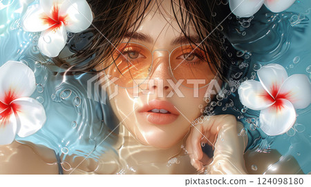 Sunlit Poolside with Orange-Tinted Shades 124098180
