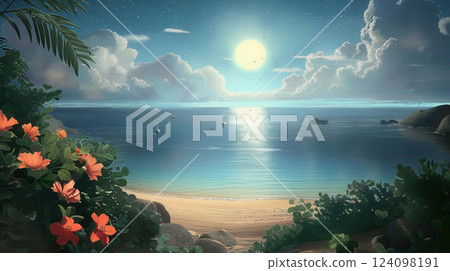 Enchanting Moonlit Bay with Tropical Flowers 124098191