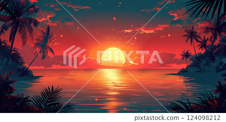 Fiery Tropical Sunset with Palm Silhouettes 124098212