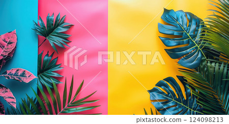 Color Block Tropical Leaves on Bold Background 124098213