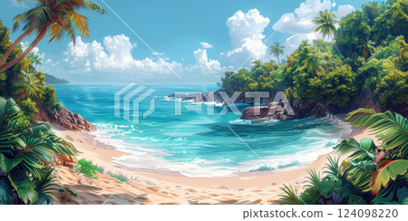 Idyllic Tropical Cove with Lush Foliage 124098220