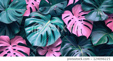 Pink and Green Monstera Leaf Pattern 124098225