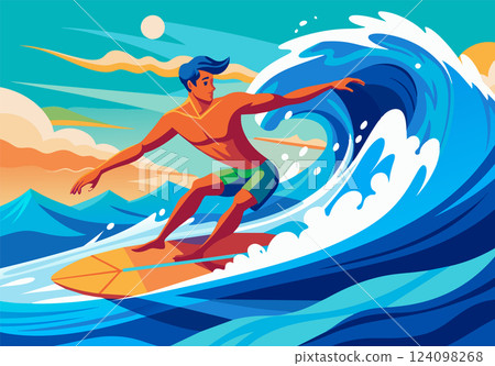 Surfer riding the wave in minimalist style illustration, with vibrant flat colors Surfer riding the wave in minimalist style illustration, with vibrant flat colors 124098268