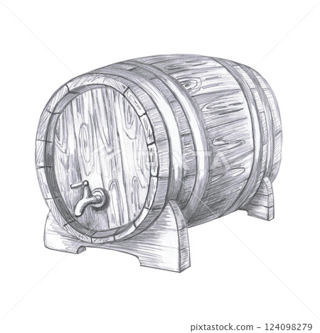 Oak barrel with tap for wine or beer. Isolated pencil illustration in realistic style for bar menu design, restaurant interior, poster printing. Oak barrel with tap for wine or beer. Isolated pencil illustration in realistic style for bar menu design, restaurant interior, poster printing. 124098279