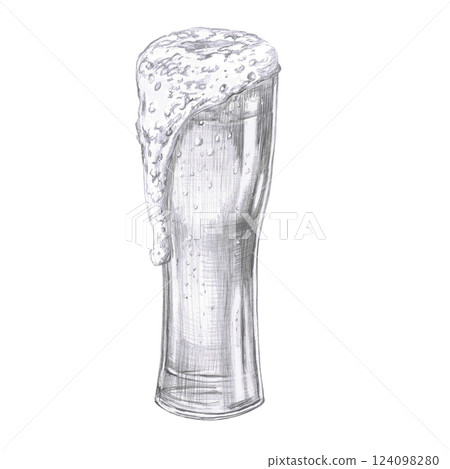 Tall glass of beer with foam flowing down. Isolated pencil illustration in realistic style for bar menu design, restaurant interior, poster printing. Tall glass of beer with foam flowing down. Isolated pencil illustration in realistic style for bar menu design, restaurant interior, poster printing. 124098280