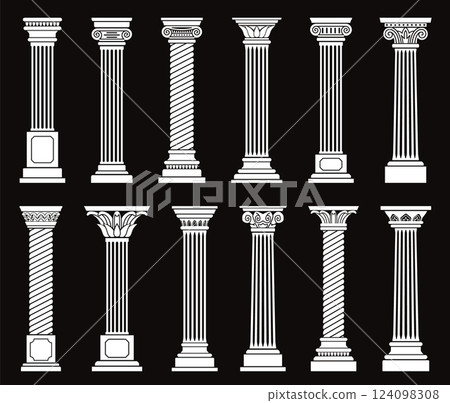 Antique columns silhouettes. Ancient flat pillars, black and white colors icons, greek classic architecture elements, minimalistic isolated decorative elements for buildings nowaday vector set Antique columns silhouettes. Ancient flat pillars, black and white colors icons, greek classic architecture elements, minimalistic isolated decorative elements for buildings nowaday vector set 124098308