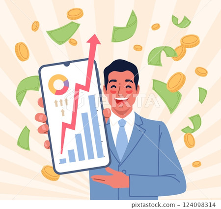 Businessman shows phone. Happy man in office suit holds smartphone with growing charts on screen, successful startup. Statistic growth cartoon flat style isolated vector classy concept 124098314