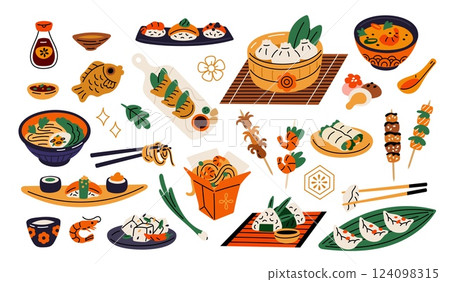 Cartoon asian food. Traditional japanese, chinese and korean cuisine dishes, cutlery, seasonings, sauces, exotic taste, soup and onigiri, noodles with seafood, garish vector isolated menu set Cartoon asian food. Traditional japanese, chinese and korean cuisine dishes, cutlery, seasonings, sauces, exotic taste, soup and onigiri, noodles with seafood, garish vector isolated menu set 124098315