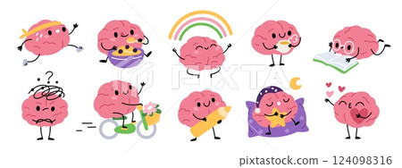 Cartoon brain characters. Human organ with funny face, feet and hands mascot, smiling cute mind, different poses and actions. Education emoji, knowledge. Stickers garish vector isolated set Cartoon brain characters. Human organ with funny face, feet and hands mascot, smiling cute mind, different poses and actions. Education emoji, knowledge. Stickers garish vector isolated set 124098316