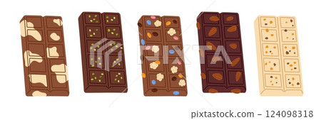 Chocolate bars. Different tastes, fillers and ingredients, cocoa product, milky, white, dark types, pistachios, almonds, natural ingredients cartoon flat style isolated garish vector set 124098318