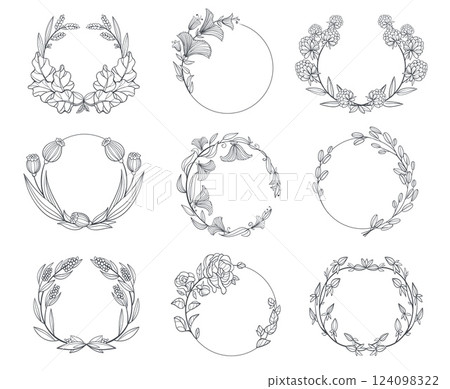Floral branches round frames. Elegant round wreaths from linear twigs, circle with leaves and flowers, botanical design elements, hand drawn vintage card splendid isolated vector set 124098322