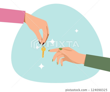 Hand holds out key. Buying house or automobile. Real estate agent and customer. Apartment sale deal. Giving latchkey to new owner. Seller cartoon flat style isolated vector concept 124098325