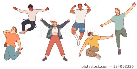 Happy jumping people. Men and women in various poses, smiling friends group, positive emotions, laughing persones in motion. Active characters cartoon flat isolated decent vector set 124098326