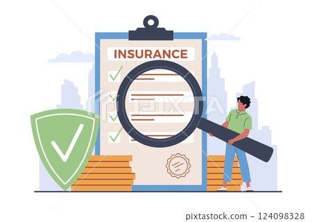 Man looking insurance clauses. Shield and checklist, man hold magnifier glass. Stack of golden coins. Document graduate. Finance and medical service cartoon flat isolated vector concept 124098328