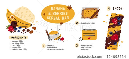 Muesli recipe. Banana homemade granola bar, sport cereal snack, berries, nuts, seeds and fruits, healthy product breakfast. Vegan dessert cartoon flat style isolated garish vector concept 124098334
