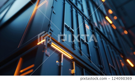 A stack of shipping containers with glowing orange lights. 124098369