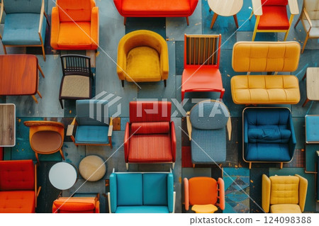 Overhead view of a colorful and diverse collection of chairs and sofas arranged in a grid pattern. 124098388
