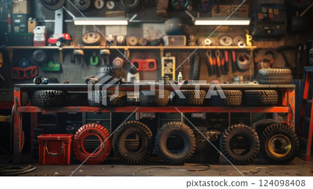 A well-equipped workshop with a workbench stacked with tires and tools hanging on the wall. 124098408