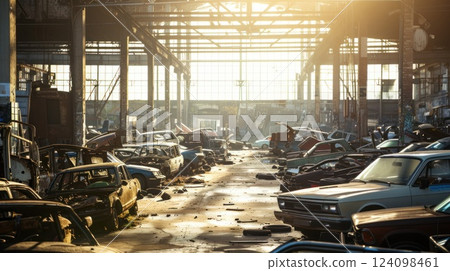 Abandoned car junkyard with sun rays shining through the building. Abandoned car junkyard with sun rays shining through the building. 124098461