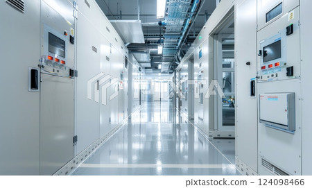 Modern and clean server room interior with electrical panels. Modern and clean server room interior with electrical panels. 124098466