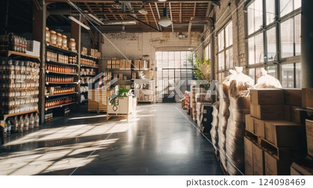 A spacious warehouse interior with large windows, wooden shelves stacked with goods, and sunbeams streaming through the space. A spacious warehouse interior with large windows, wooden shelves stacked with goods, and sunbeams streaming through the space. 124098469