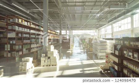 Empty retail store interior with shelves stocked with various products, sunlight streaming through windows. Empty retail store interior with shelves stocked with various products, sunlight streaming through windows. 124098470