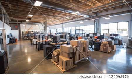 A modern office space with large windows, exposed beams, and a concrete floor. There are several desks with computers and office supplies. There are also several boxes stacked on a pallet in the A modern office space with large windows, exposed beams, and a concrete floor. There are several desks with computers and office supplies. There are also several boxes stacked on a pallet in the 124098476