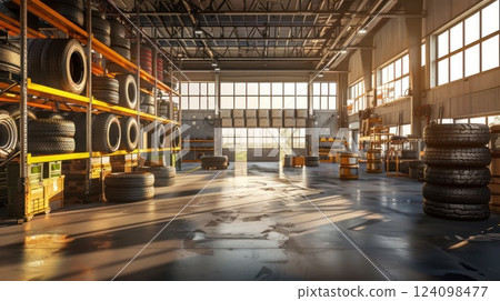 Empty industrial garage with tire stacks, tools, and shelves. 124098477