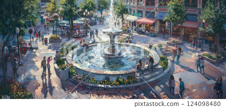 A fountain in the center of a town square surrounded by buildings and people. 124098480