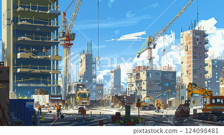A busy cityscape construction site with cranes, workers, and heavy machinery. 124098481